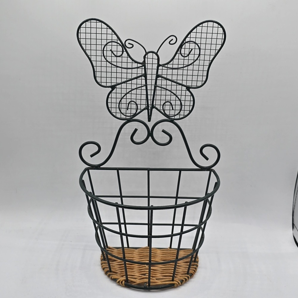 Butterfly Wire Wall Planter Basket With Wicker Base Cottagecore Kitschy Vtg